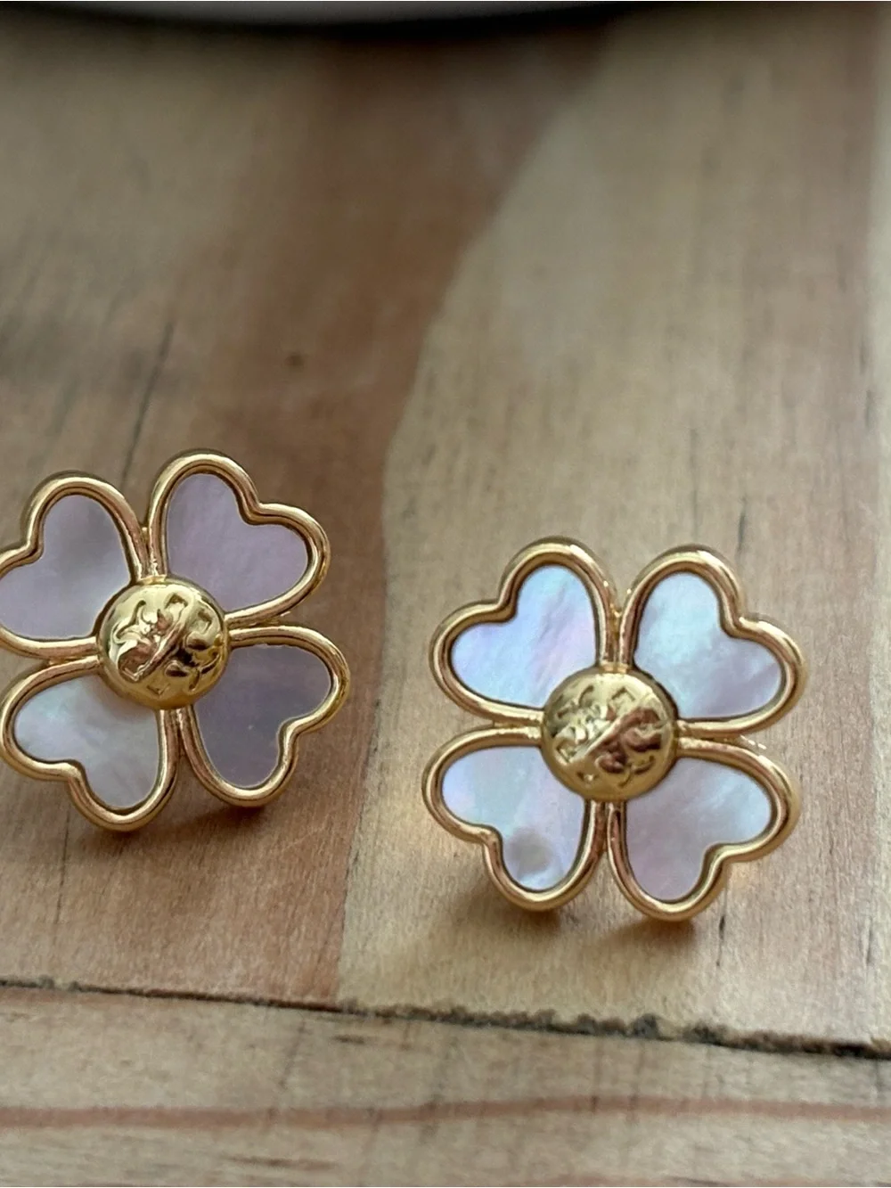 Gold Flower Stud Earrings with Iridescent Mother-of-Pearl Petals